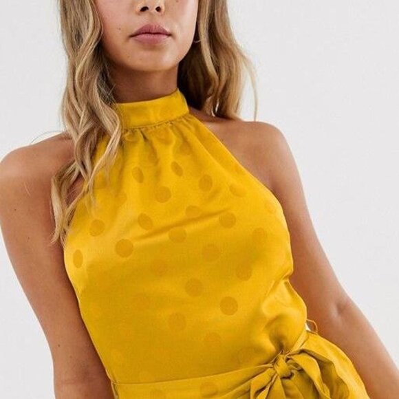 ASOS Miss Selfridge Mustard Yellow Polka Dot Halter Dress - Picture 3 of 14